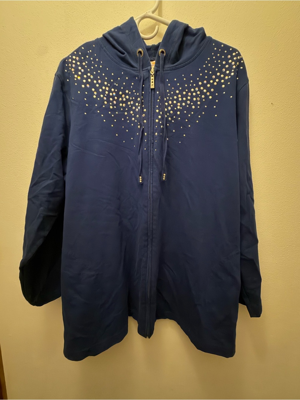 Quacker Factory Navy Zip-Up Hoodie with Rhinestone Accent